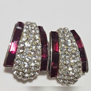 🌟Fancy Glam Bling Crystal Sparkly Clip On Earrings-Encrusted Ruby Baguettes 🌟